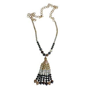 Multi-Faceted Glass Bead Tassel Necklace With Gold Tone Chain